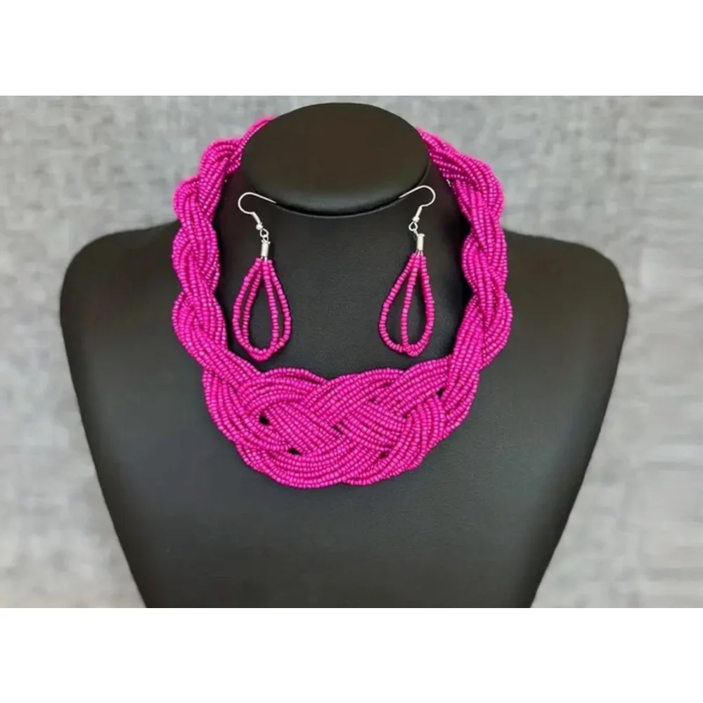 Pink Millet Bead Braided Necklace with Matching Bead Earrings